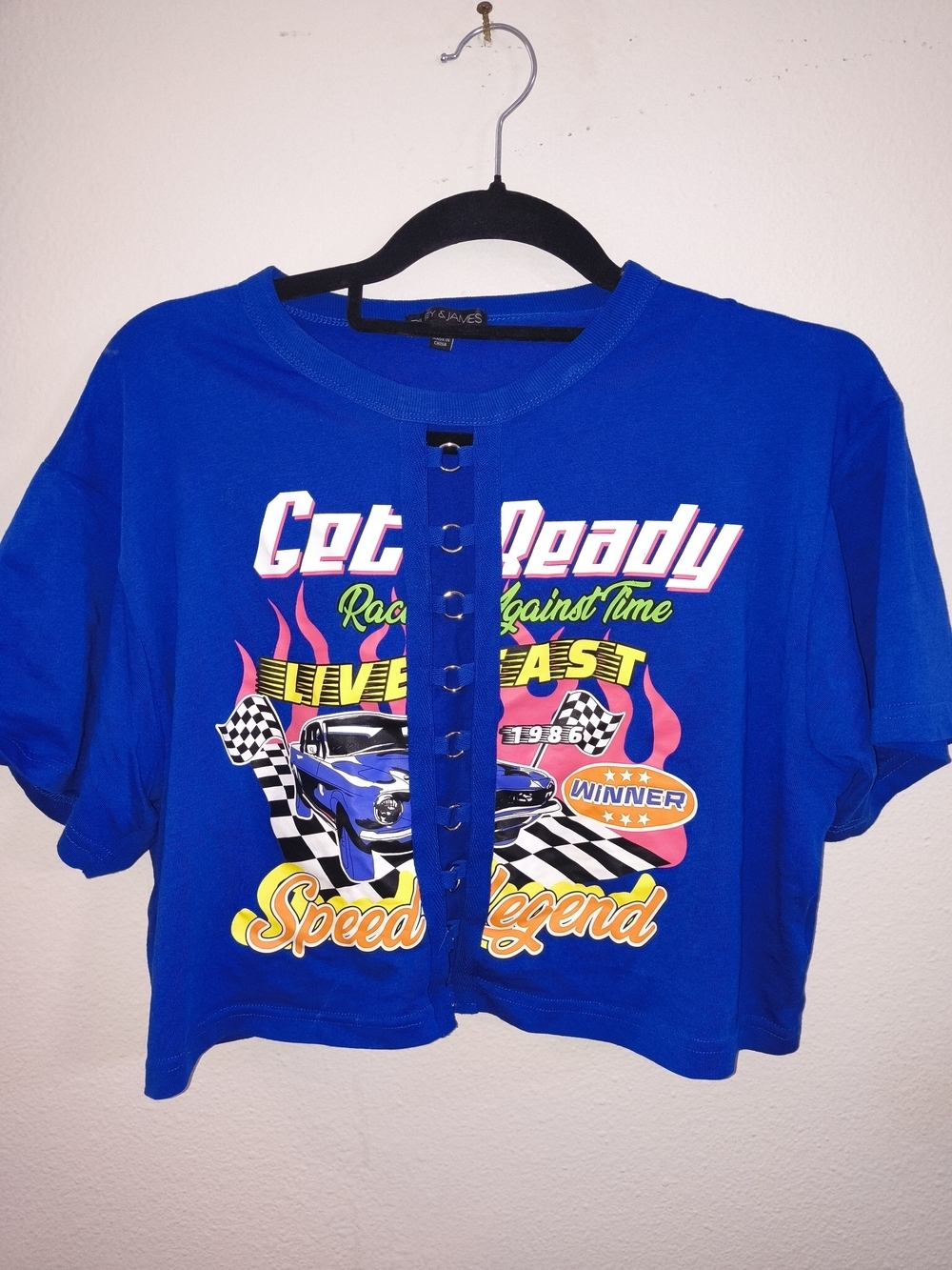Riley & James Blue Racing Graphic Lace Up Crop Top Size Large Y2K